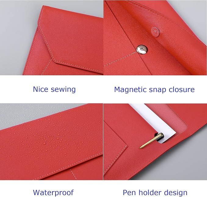 PU Leather A4 File Folder Document Holder with 3 Pockets Waterproof Stylish Envelope Folder Case with Snap Closure (Red)