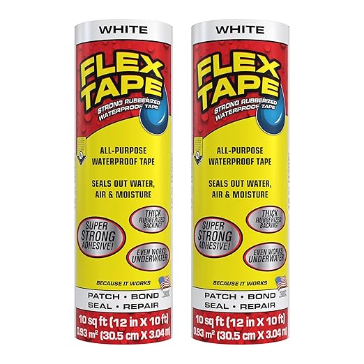 Flex Tape, Original Thick Flexible Rubberized Waterproof Tape - Seal and Patch Leaks, Works Underwater, Indoor Outdoor - Home RV Roof Plumbing and Pool Repairs, White, 12 in x 10 ft, Pack of 2
