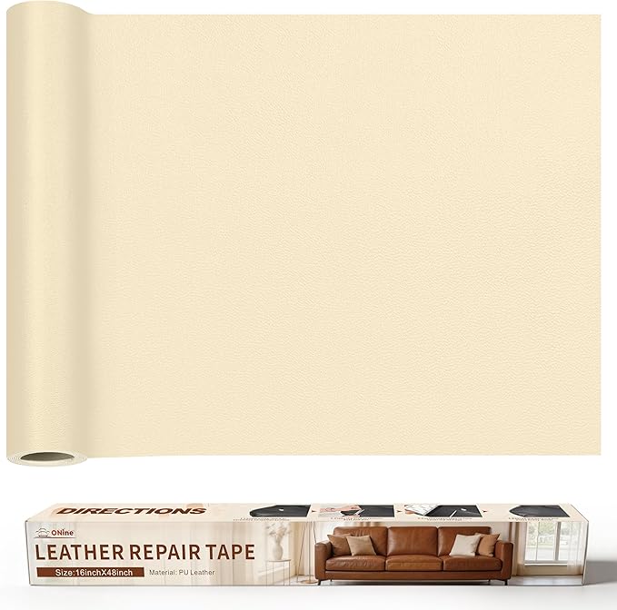 ONine Leather Repair Tape,Self Adhesive Leather Repair Patch,Leather Patches for Furniture,Sofa,Car Seats,Office Chair. Vinyl Repair Kit 16x48in(White Khaki)