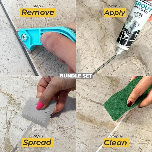 PentaUSA Tile Grout Repair Kit with Removal Tool - Premixed Acrylic Sanded Grout Filler for Bathroom, Shower, and Kitchen, Includes Applicator Spatula, and Sponge - (Gray) (8.8oz / 250g)