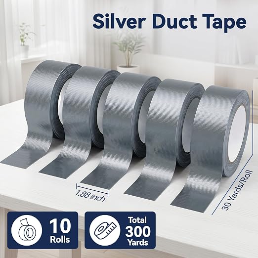 Duct Tape Heavy Duty, 10 Pack, 2 in x 30 Yard, 300YD Total | Duct Tape Heavy Duty Waterproof, Silver Duct Tape for Sealing and Repairs, Strong Adhesive, Tear by Hand