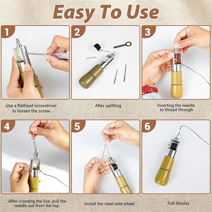AACGIN 10pcs Sewing Awl Kit with Shoe Repair Adhesive, Professional Leathercraft Sewing Tool with Waxed Thread for Shoes, Leather Bags & Thick Fabric DIY