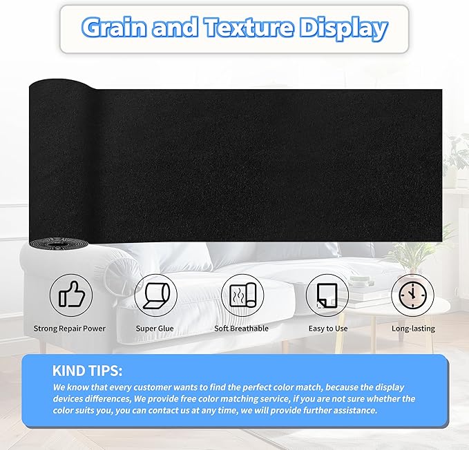 KING MOUNTAIN Couch Fabric Repair Patch, Fabric Patches for Furniture, 4" x 63" Waterproof Velvet Repair Tape for Sofas, Car Seats, Furniture, Upholstery Fabrics and Velvet Goods. （Black）