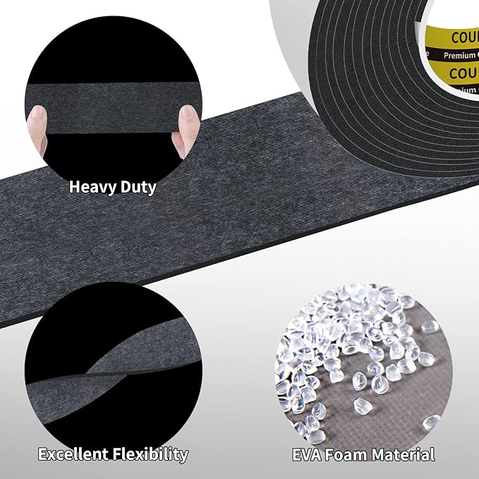 Single-Sided Adhesive EVA Foam Tape 2 Pack 1in x 10FT,Black Foam Weather Stripping,Door Seal & Window Insulation Tape,Waterproof Sound Proof Seal Strip for Doors,Garage Door & Gap Sealing