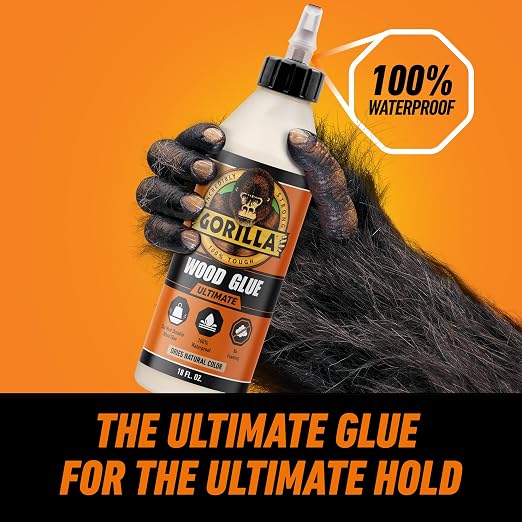 Gorilla Ultimate Waterproof Wood Glue, Natural Wood Color, 18 Ounce (Pack of 2) - Waterproof for Indoor or Outdoor Projects and Repairs