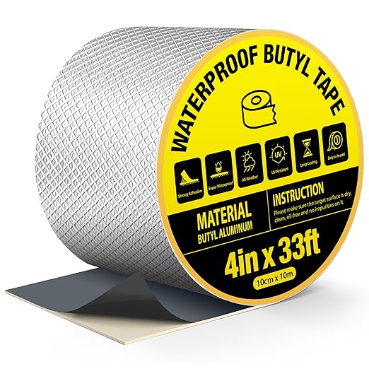 Butyl Waterproof Tape 4" x 33 ft, All Weather Self-Adhesive Leakproof Aluminum Foil Tape for Metal Roof Leak Repair, RV Rubber Roof, Deck Joist, Gutter Joints Sealing, Boat & Pipe Patching