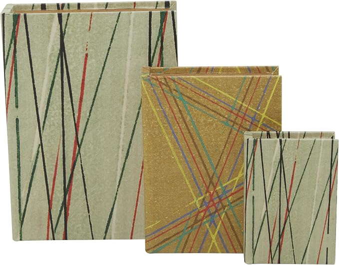 Deco 79 Faux Leather Abstract Decorative Box Faux Storage Book Book Shaped Boxes with Colorful Linear Patterns, Set of 3 Decorative Keepsake Boxes 12", 9", 6"H, Green
