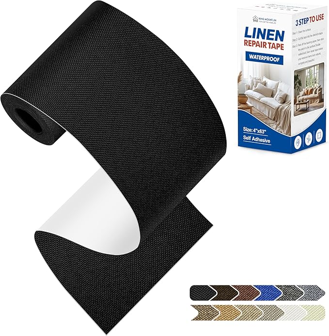 KING MOUNTAIN Linen Repair Patches, Self-Adhesive Fabric Patches, 4 X 63 inch Extra Size, Multi Color, Can be Used for Sofa Repair (Black)