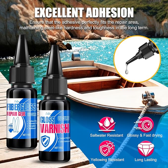 Fiberglass Repair Kit - Surfboard Repair Kit, UV Repair Glue with UV Light, Quickly Repair Scratches, Holes, and Gaps in Fiberglass, Polyester, Carbon Fiber - Fiberglass Filler for Surfboard Gelcoat