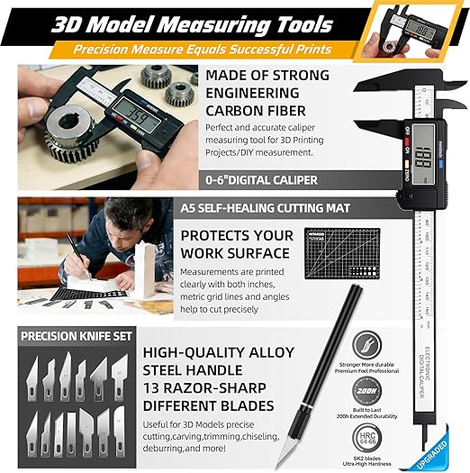 59pcs 3D Printer Tools Kit with Hard Case, 3D Printer Accessories incl Deburring Tool, Digital Caliper, Hygrometer, Nozzle Clog Poke, Pilers, Flush Cutter, for Bambu Lab, Ender 3, FDM/SLA Printers etc