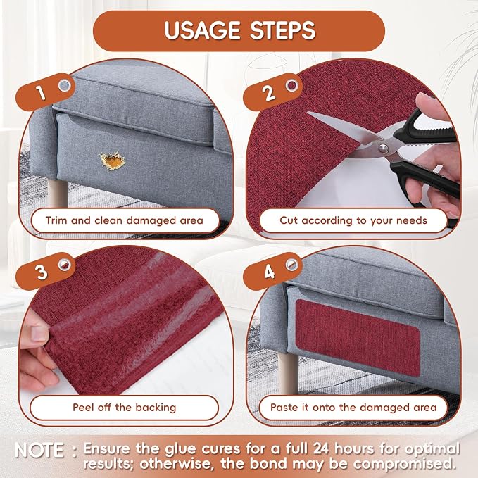 Linen Fabric Repair Tape 16x79 Inch, Self Adhesive Couch Patch Repair Fabric Tape for Furniture, Linen Patch Kit for Couch, Carpet, Upholstery, Chair, Sofa, Cushion, Bag (Burgundy)