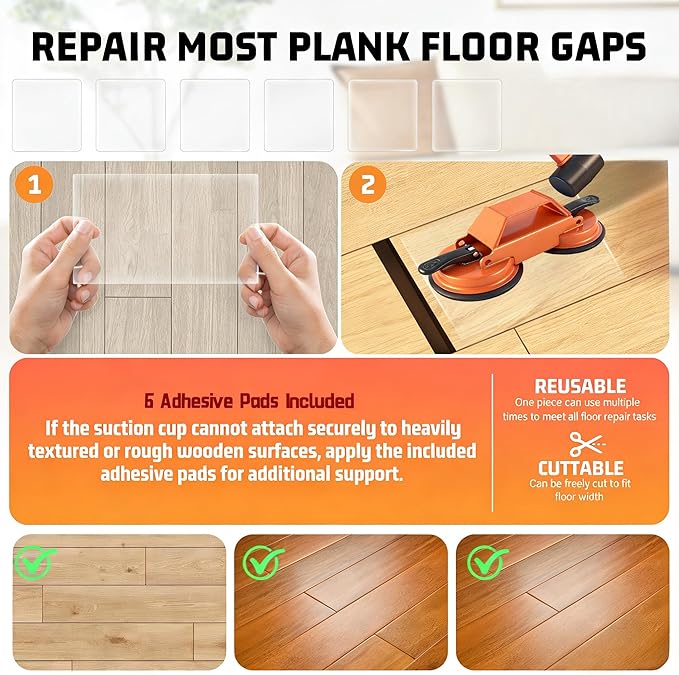 Floor Gap Repair Tool - Heavy Duty Plank Grabber Suction Cup & Slot Cutter Hammer, 6 Sticky Pads, Quick Lock Puller for Laminate/Vinyl/Hardwood Floors, Iron-Made(Large)