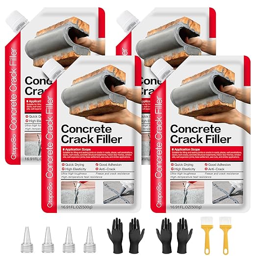 Concrete Crack Filler 4-Pack 4.4LB Grey, Self-Leveling High Elasticity Cement Sealant, Waterproof Repair Caulk for Driveway, Patio, Sidewalk, Garage, Basement– Professional-Grade Durability