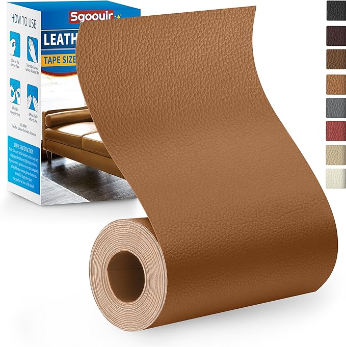 Leather Repair Patch Tape Kit, 4" x 63" Self Adhesive Leather Repair Patch for Furniture, Vinyl Leather Repair Kit for Car Seat, Chairs, Couch, Sofa, Boat Light Brown