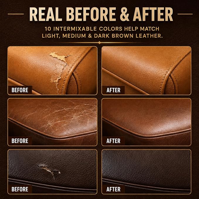 Leather & Vinyl Repair Kit for Furniture, Couch, Sofa, Chair, Car Seat | 10 Brown Shades, No Skills Needed, for Cat Scratch, Crack, Tear, Hole on Faux Upholstery, Recliner, Purse, Shoes, Jacket, RV