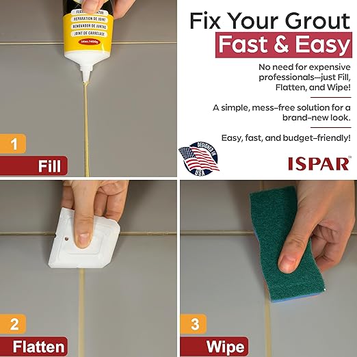 ISPAR Tile Grout Repair Kit – Beige Grout Filler 14 oz Value Size, Pre-Mixed Grout Repair Paste, Ready to Use Tile Joint Filler for Bathroom & Shower Tile, Spatula & Sponge