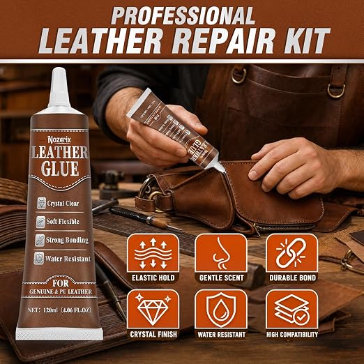 Leather Glue, 120ml Transparent Leather Adhesive, Industrial Strength, Waterproof, Leather Cement with Applicator Brush, Flexible Bond for Shoes, Bags, Sofa, Car Seats, PU and Fabric