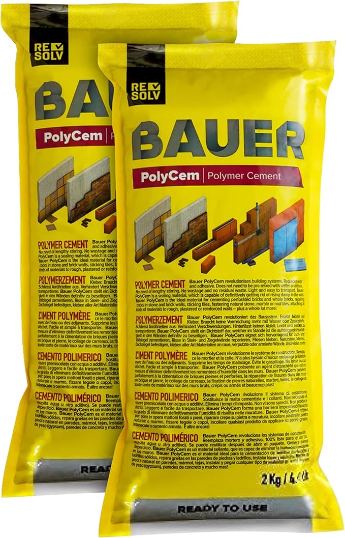 Bauer Instant Polymer Cement - Ready-to-Use Alternative to Mortar & Adhesives - Versatile Concrete & Stone Tile Crack Repair & Brick Repair, Convenient, Durable & Easy to Store - 4kg
