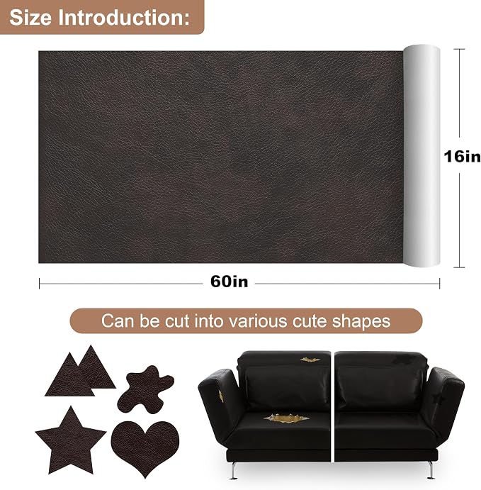 ONine Leather Repair Patch, Self-Adhesive Couch Patch, Multicolor Available Scratch Leather 16X60 Inch Peel and Stick for Sofas (New Dark Brown)