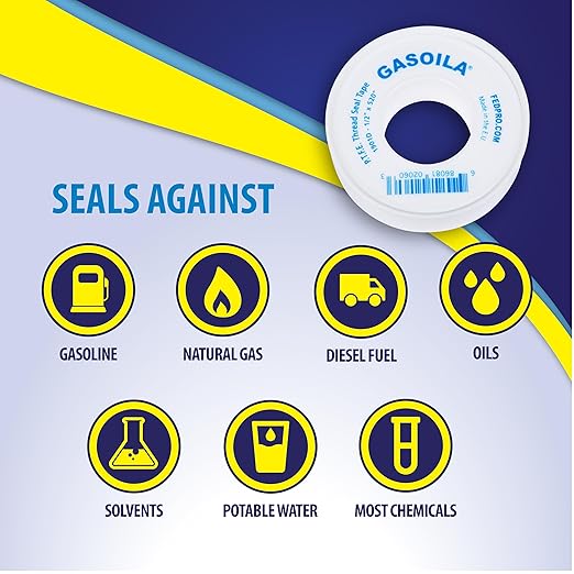 Gasoila PTFE Thread Seal Tape – Professional-Grade, 1/2 Inch x 520 Inch, Low-Density Thread Tape for Plumbing and Water Pipes – Leak-Proof Seal, Non-Toxic