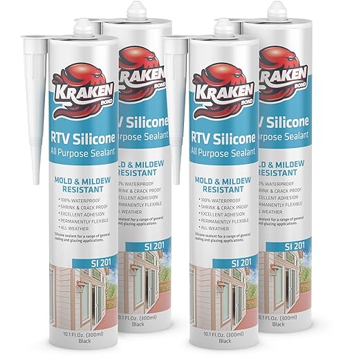 Kraken Bond Black Silicone Sealant Waterproof%100-10 fl oz Cartridge, RTV Silicone Caulk Bathroom and Kitchen, All Purpose, Window Caulking Sealant Outdoor, RV, Exterior Use Silicon - 4 Pack