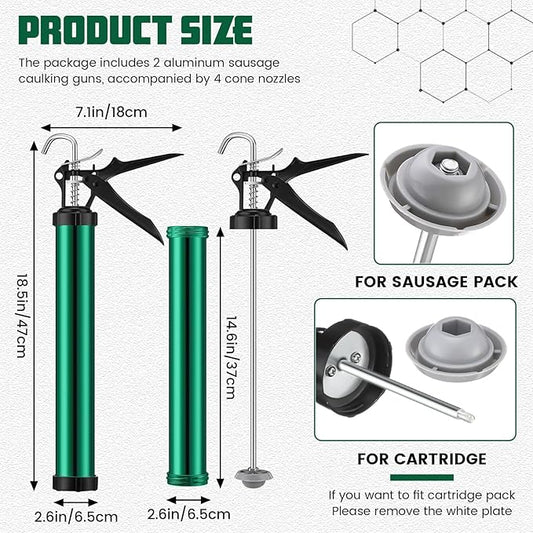Lasnten 2 Pack Sausage Caulk Gun 20 oz Aluminum Cordless Sausage Caulking Gun with 4 Cone Nozzles, 18: 1 Thrust, Aluminum Sealant Hand Caulk Kit (Green)