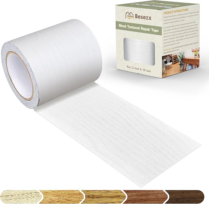 Besezx Wood Grain Repair Tape, 2.4" X15', Self Adhesive Wood Grain Repair Patch for Tables, Chairs, DIY,Baseboards, Doors, Windows, Floors and Furniture Renovation.（White）