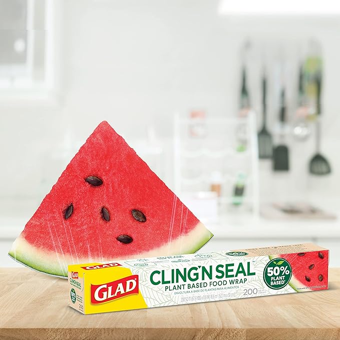 Glad 50% Plant Based Cling N Seal Plastic Wrap for Food, Airtight Seal, 200 Square Foot Roll (Pack of 1)
