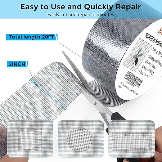 Secopad Grey Window Screen Repair Tape, 2IN X 20FT Screen Repair Kit for Windows or Doors, Strong Adhesive Fiberglass Mesh Patch Tape