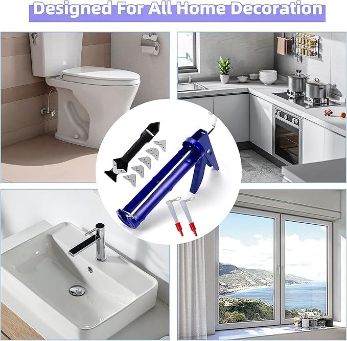Caulk Gun Kit and grouting removal scraper, sealant tool, cement slurry scraper for kitchen and bathroom sink joints, 10 ounce deep blue tube