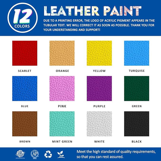 Colorful Acrylic Leather Paint for Shoe Painting- 12 Colors Leather Paint for Bag & Wallet Decor, Leather Jacket Care, Crafts DIY & Customizing Leather Projects