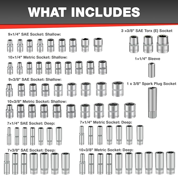 EACELIY 122Pcs 1/4" & 3/8” Drive Impact Socket Set, Ratchet Socket Wrench Set with Extention Bar, Adapter, Screw Bits,Drive Bit Holder, Spark Plug Socket,CR-V