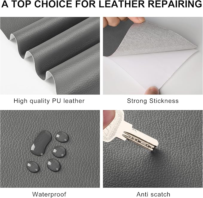YAFLC Leather Repair Patch for Furniture, 4" x 63" Self Adhesive Leather Repair Kit Vinyl Repair Tape for Car Seat Sofa Jackets Couches Chair Medium Grey