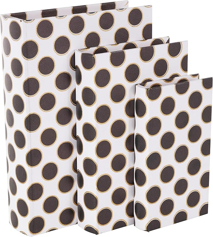 Deco 79 Faux Leather Decorative Box Faux Book Storage Book Shaped Boxes with Black and Gold Circle Patterns, Set of 3 Decorative Keepsake Boxes 13", 11", 9"H, White