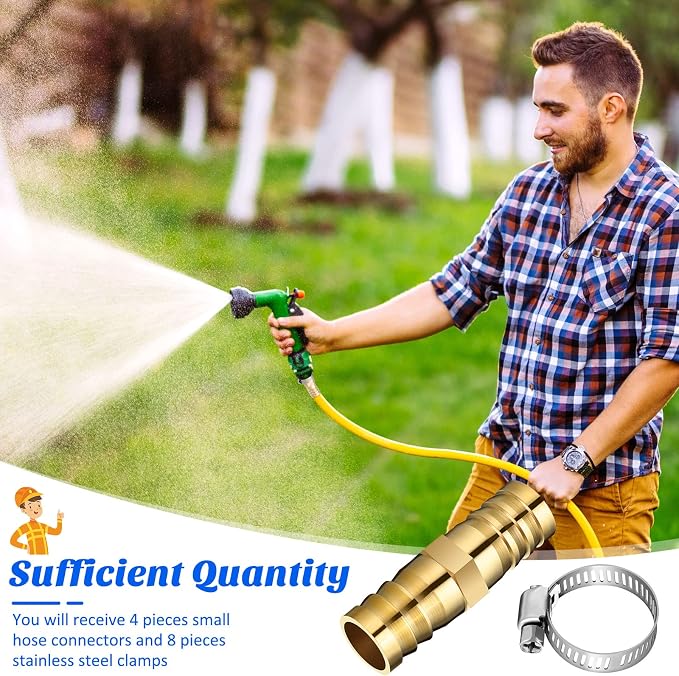 Zhengmy 12 Pcs 5/8-3/4 Inch Hose Repair Kit Brass Barb Fitting Garden Water Hose Repair Connectors with Claps Fiting with 8 Pcs Stainless Steel Pipe Clamp for Fuel Air