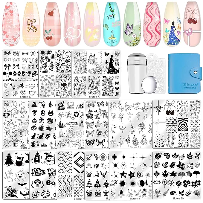 Biutee Nail Stamping Plate 15PCS Nail Stamper Kit Nail Art Stamping Plates Set with Nail Stamper, Scraper & Storage Bag, Nail Stamping Kit Star Bowknot Love Butterfly Leaf Design Template for Nail Art