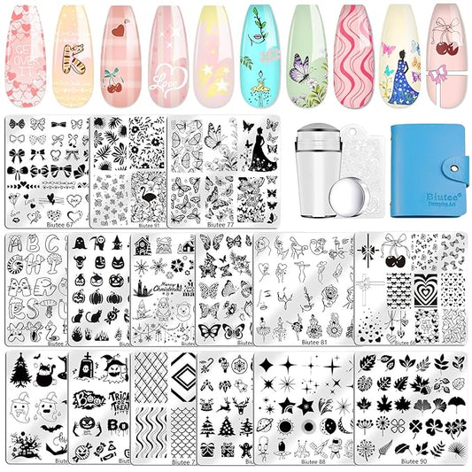 Biutee Nail Stamping Plate 15PCS Nail Stamper Kit Nail Art Stamping Plates Set with Nail Stamper, Scraper & Storage Bag, Nail Stamping Kit Star Bowknot Love Butterfly Leaf Design Template for Nail Art