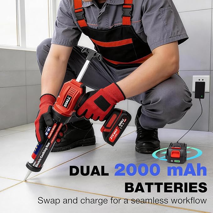 SHALL 21V Cordless Caulking Gun, Electric Caulk Gun with 2 x 2.0Ah Batteries & Silicone Finishing Tool Kit, 4 Adjustable Speeds, Anti-Drip, Fits 10oz/300ml Cartridges for Bathroom Kitchen Tile Sealing