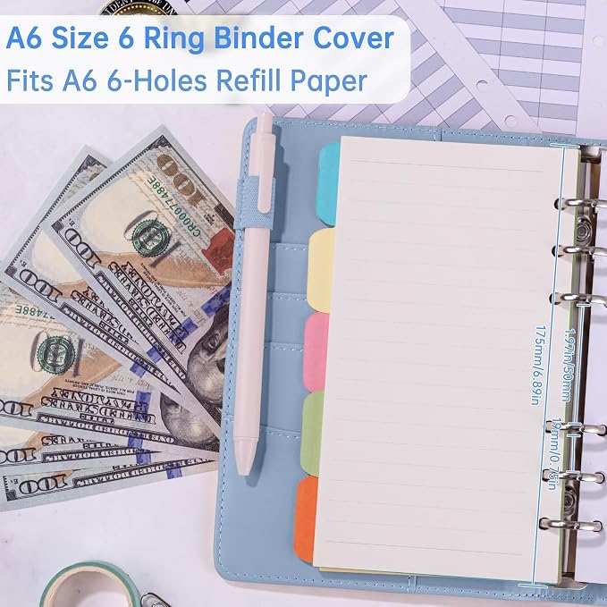 Antner A6 Notebook Binder Refillable 6 Ring Budget Binder Cover for A6 Refill Paper, PU Leather Budget Planner Organizer with Magnetic Buckle, Loose Leaf Personal Planner, Airy Blue