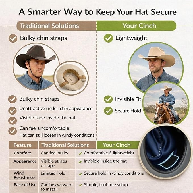 Cowboy Hat Retainer, Silicone Hat Size Reducer Rodeo | hard sweatband fit, leather band compatibility, hidden interior grip, wind control, felt and straw styles, rider accessory