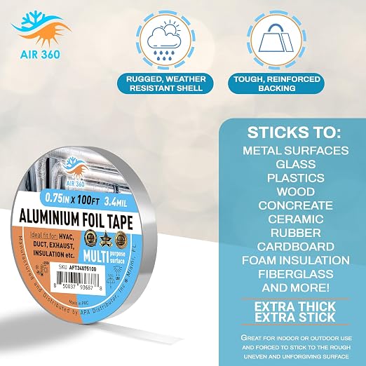 Thick Aluminum 0,75" x 100 ft HVAC Duct Tape for AC & Vent Repair, Cold Temperature Foil Tape for Pipe Insulation, Fire Proof Waterproof Metal Tape, High Temp Flex Duck Tape, Aluminum Body Tape