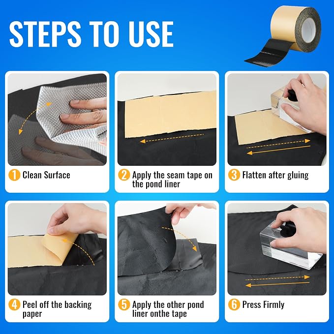 Pond Liner Seam Tape 4" x 50' - Double Sided Butyl Adhesive Tape for EPDM Liners, Waterproof Repair Patch for Ponds, Fish Ponds, Water Features & Outdoor Landscaping (Black)