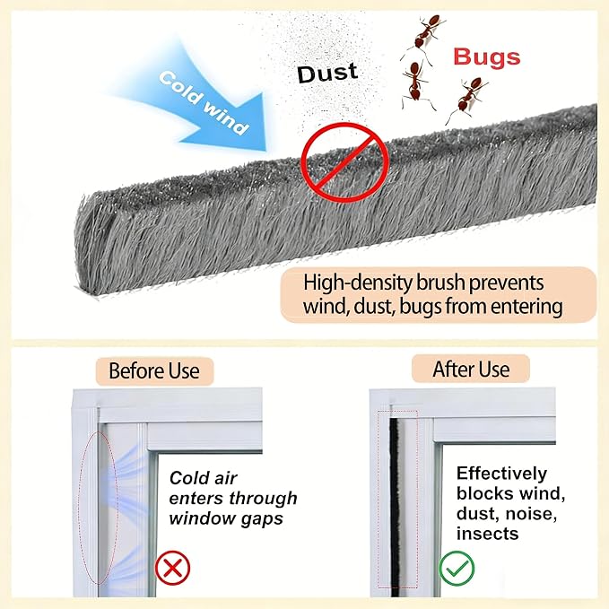 Pile Weather Stripping Brush Seal Strip for Door Window Gap 0.6 x 0.4in x 66FT Self Adhesive Draft Stopper Soundproof Insulation Weather Seal Strip for Interior Sliding Glass Door Garage Door