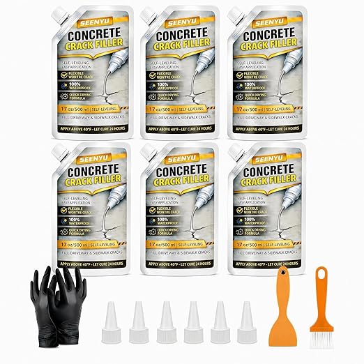 Concrete Cement Crack Filler Self-Leveling Sealant, 6PACK Waterproof Fast-Drying Concrete Sealer Repair, Flexible Easy DIY Crack Seal Gule for Driveway, Sidewalk, Patio, Garage Floor, Asphalt
