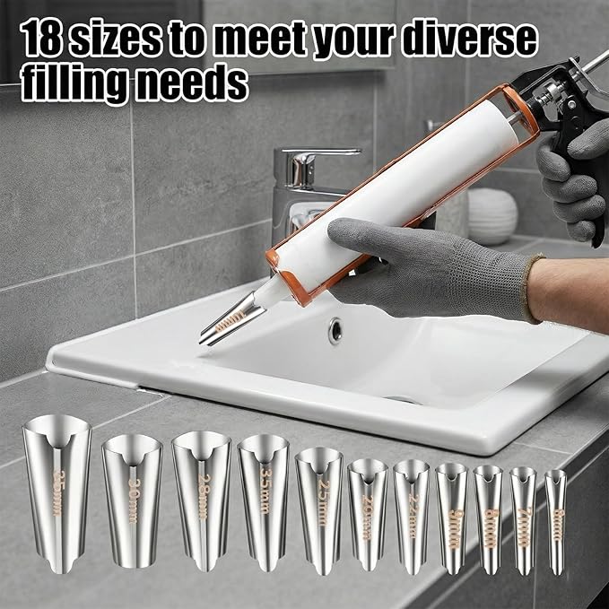 15Pcs Caulking Finishing Tool Caulking Tips Applicator Reusable Caulk Tips Nozzles Stainless Steel Caulk Nozzle Applicator Reusable for Bathroom Doors Windows