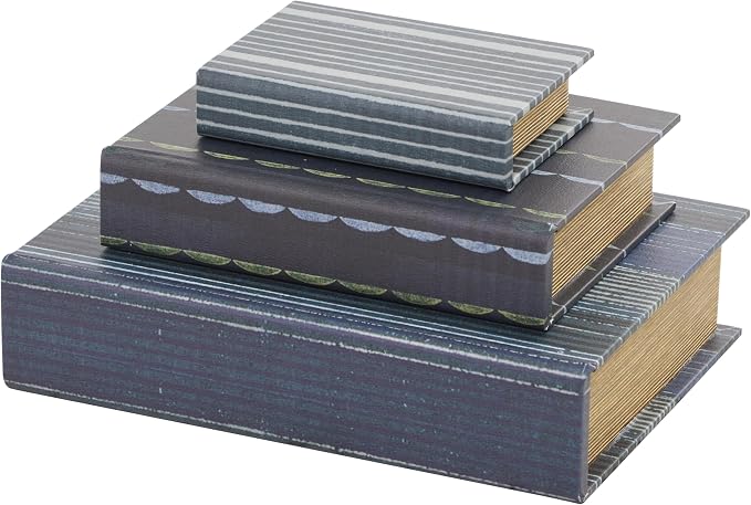 Deco 79 Faux Leather Decorative Box Faux Storage Book Book Shaped Boxes with Varying Striped Patterns, Set of 3 Decorative Keepsake Boxes 12", 9", 6"H, Blue