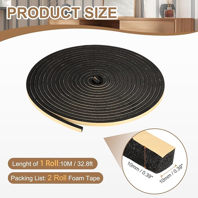 PATIKIL Foam Insulation Tape, 2Pcs 3/8" W x 3/8" t x 32.8FT Self Adhesive Weather Stripping Door Seal Strip for Door Window Air Conditioning, Black