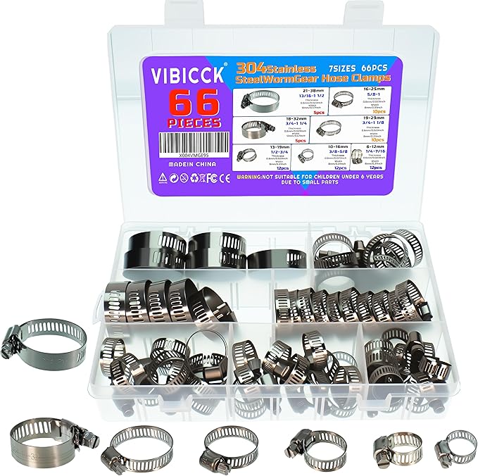66PCS Hose Clamp Set 6-38mm/ 1/4''–1-1/2'' 304 Stainless Steel Worm Gear Hose Clamps for Pipe, Intercooler, Plumbing, and Fuel Line (66 Pcs Kit)