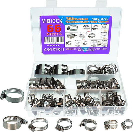 66PCS Hose Clamp Set 6-38mm/ 1/4''–1-1/2'' 304 Stainless Steel Worm Gear Hose Clamps for Pipe, Intercooler, Plumbing, and Fuel Line (66 Pcs Kit)