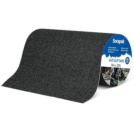 Black Anti Slip Tape 10in x 20ft, 80 Grit Waterproof Non Skid Grip Tape Roll for Stairs, Decks, Boat Decks, Ramps, Indoor & Outdoor Use